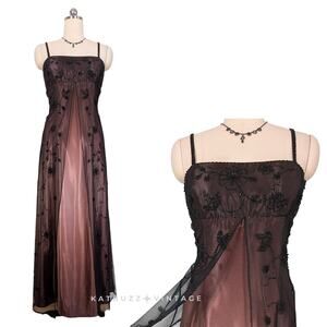 Vintage Prom Dress Maxi 16 Brown Black Fairy Goth Y2K Bead Ombre Babydoll 90s